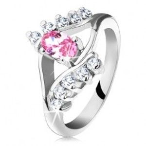 Šperky eshop - Ligotavý prsteň so zirkónovým ružovo-čírym okom, rozdvojené ramená G12.21 - Veľkosť: 52 mm