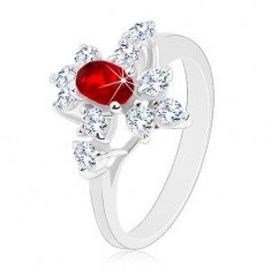 Šperky eshop - Ligotavý prsteň, strieborná farba, tmavočervený ovál, číre zirkóny G05.03 - Veľkosť: 58 mm