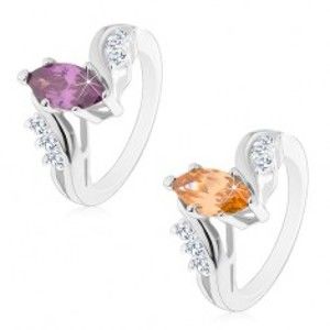 Šperky eshop - Ligotavý prsteň striebornej farby, farebné brúsené zrnko, zahnuté ramená AC20.22 - Veľkosť: 49 mm, Farba: Fialová