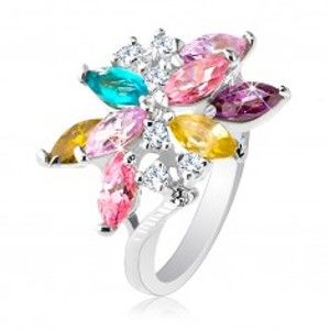 Šperky eshop - Ligotavý prsteň striebornej farby, veľký asymetrický kvet z farebných zirkónov R26.9 - Veľkosť: 59 mm