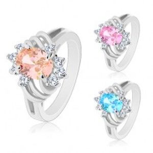 Šperky eshop - Ligotavý prsteň striebornej farby, veľký farebný ovál, tenké oblúky a číre zirkóny AC23.08 - Veľkosť: 59 mm, Farba: Ružová