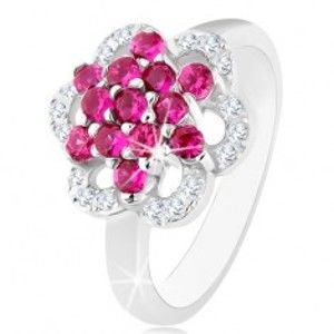 Ligotavý prsteň, striebro 925, lesklé ramená, kvet z ružových a čírych zirkónov - Veľkosť: 52 mm