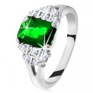 Šperky eshop - Ligotavý prsteň v striebornej farbe, smaragdovo zelený zirkón, rozdelené ramená G11.02 - Veľkosť: 60 mm