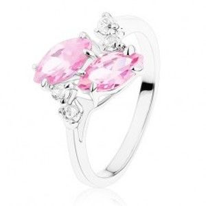 Šperky eshop - Ligotavý prsteň v striebornom odtieni, dve ružové zirkónové zrnká, číre zirkóniky R28.27 - Veľkosť: 55 mm