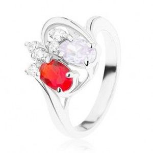 Šperky eshop - Ligotavý prsteň z ocele, červený a fialový zirkónový ovál, číre zirkóniky R29.2 - Veľkosť: 49 mm