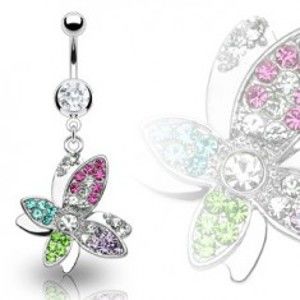 Šperky eshop - Luxusný oceľový piercing bruška krásny farebný kvet vyložený zirkónmi C18.13