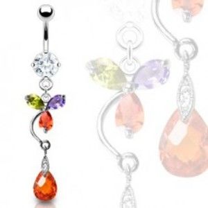 Šperky eshop - Luxusný piercing brucha farebný kvet a červená kvapka C17.15