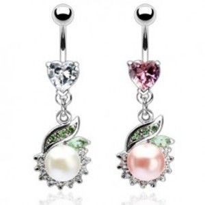 Šperky eshop - Luxusný piercing brucha perla so zeleným lístkom C18.16 - Farba zirkónu: Ružová - P