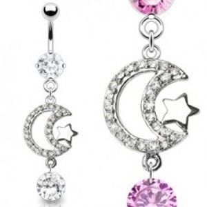 Šperky eshop - Luxusný piercing brucha zirkónový mesiac a lesklá hviezda C16.14 - Farba zirkónu: Ružová - P