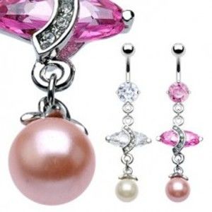 Šperky eshop - Luxusný piercing do bruška s veľkým oválnym zirkónom a perlou C16.9 - Farba zirkónu: Ružová - P