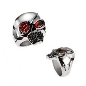 Šperky eshop - Masívny oceľový prsteň, lebka s páskou cez oko, červené zirkóny BB4.2 - Veľkosť: 70 mm