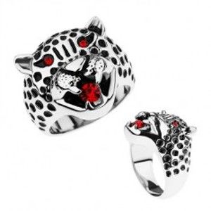 Šperky eshop - Masívny prsteň, oceľ 316L, hlava leoparda, červené zirkóny HH9.9 - Veľkosť: 72 mm