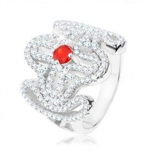 Masívny prsteň, striebro 925, červený zirkónik, rozsiahly ornament - kríž - Veľkosť: 54 mm