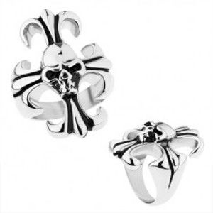 Šperky eshop - Masívny prsteň z ocele 316L, strieborná farba, ľaliový kríž s lebkou Z33.7/8 - Veľkosť: 62 mm