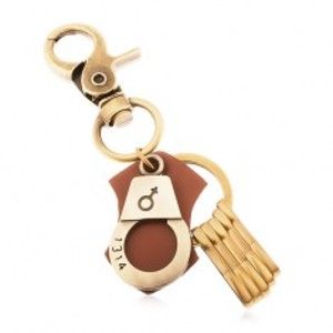 Šperky eshop - Matná kľúčenka v mosadznej farbe, putá so symbolom ženy a číslom Q4.4