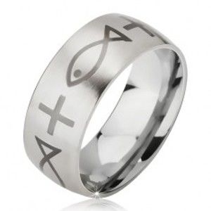 Šperky eshop - Matný oceľový prsteň - obrúčka striebornej farby, potlač kríža a ryby BB10.04 - Veľkosť: 52 mm