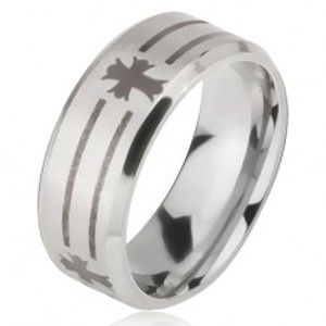 Šperky eshop - Matný oceľový prsteň - obrúčka striebornej farby, potlač pásov a kríža BB10.08 - Veľkosť: 58 mm