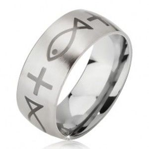 Šperky eshop - Matný prsteň z chirurgickej ocele striebornej farby, potlač kríža a ryby, 6 mm K08.17 - Veľkosť: 55 mm