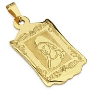 Šperky eshop - Medailón zlatej farby z ocele, ozdobne gravírovaný s portrétom Madony S48.03
