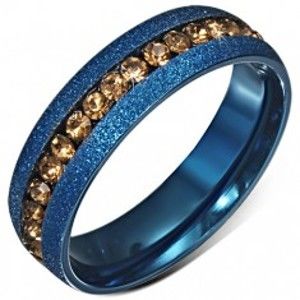 Šperky eshop - Modrá anodizovaná obrúčka s pieskovaným povrchom, žltý zirkónový pás BB6.8 - Veľkosť: 52 mm