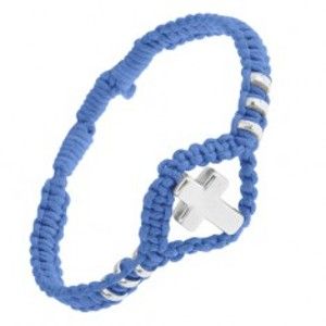Šperky eshop - Modrý pletený náramok, lesklý oceľový kríž a kolieska, nastaviteľný SP50.11