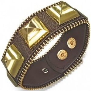 Šperky eshop - Mohutný kožený náramok - hnedý s pyramídami zlatej farby, zips X37.11