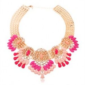Šperky eshop - Mohutný náhrdelník zlatej farby, brúsené ružové kvapky a zrnká, číre zirkóny Z07.06