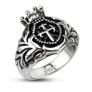 Šperky eshop - Mohutný oceľový prsteň - kráľovská koruna, krížik D2.1 - Veľkosť: 63 mm