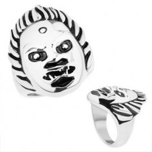 Šperky eshop - Mohutný oceľový prsteň, lesklý povrch, tvár démona, strieborný odtieň HH12.17 - Veľkosť: 65 mm