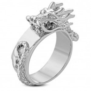 Šperky eshop - Mohutný oceľový prsteň striebornej farby, lesklý vypuklý čínsky drak H9.01 - Veľkosť: 62 mm