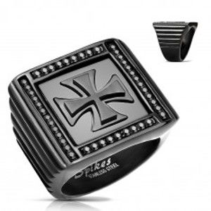 Šperky eshop - Mohutný prsteň čiernej farby, oceľ 316L, zirkóniky, maltézsky kríž AB10.18 - Veľkosť: 65 mm