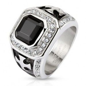 Šperky eshop - Mohutný prsteň z chirurgickej ocele, čierny zirkónový štvorec, číre línie, kríže HH15.8 - Veľkosť: 70 mm