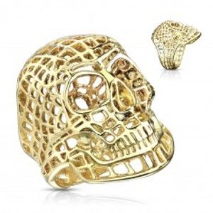 Šperky eshop - Mohutný prsteň z ocele 316L, lesklá zlatá farba, sieťovaná lebka AB17.02 - Veľkosť: 64 mm