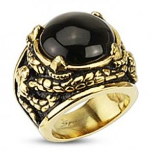 Šperky eshop - Mohutný prsteň zlatej farby z chirurgickej ocele, ónyx v dračích pazúroch H8.05 - Veľkosť: 68 mm