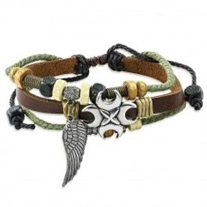Šperky eshop - Multi náramok z kože - hnedý pás, šnúrky, anjelské krídlo, korálky S16.19