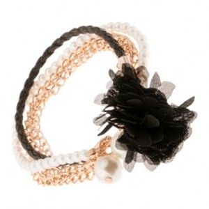 Šperky eshop - Multináramok - čierny pletenec, retiazky zlatej farby, korálky, čierny kvet S25.02