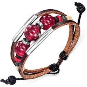 Šperky eshop - Multináramok - dva čokoládové pásy kože, šnúrka, rúrky, bordové guličky S43.02