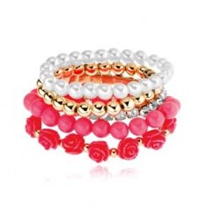 Šperky eshop - Multináramok - korálky zlatej, bielej a ružovej farby, koralové ruže, číre zirkóny X38.2