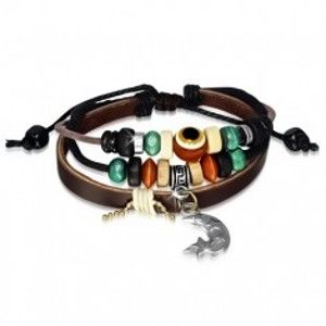 Šperky eshop - Multináramok - kožený pás, šnúrky, drevené a kovové korálky, mesiačik S42.22