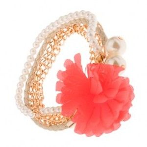 Šperky eshop - Multináramok - zlaté retiazky, béžový pletenec, korálky, lososový kvet S40.30