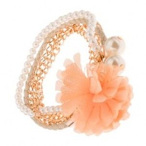 Šperky eshop - Multináramok - zlaté retiazky, béžový pletenec, korálky, oranžový kvet S39.20