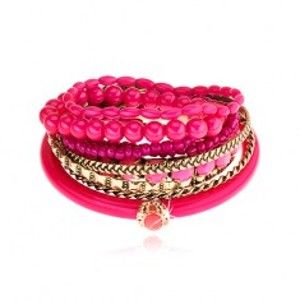 Šperky eshop - Multináramok - zlatý a fuksiový odtieň, rôzne korálky, ružový zirkón X38.5