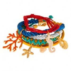 Šperky eshop - Multináramok, farebné šnúrky a obruč, prívesky - korál, mušle, morský koník X9.20