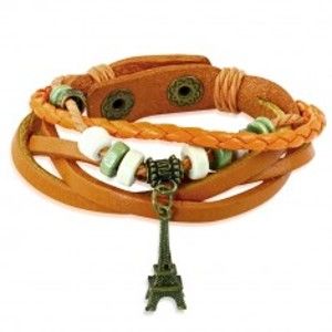 Šperky eshop - Multináramok oranžovej farby zo syntetickej kože - výplet, korálky a Eiffelova veža SP91.21