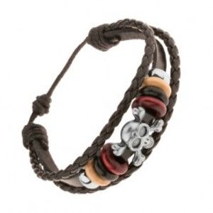 Šperky eshop - Multináramok z kože a šnúrok, korálky z ocele a dreva, lebka s kosťami Y43.18