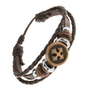 Šperky eshop - Multináramok z kože a šnúrok, oceľové a drevené korálky, kríž v kruhu Y47.12