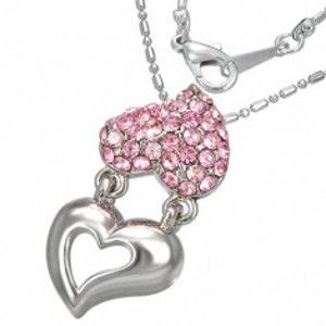 Šperky eshop - Náhrdelník - držiace sa kovové a zirkónové srdcia, ružové zirkóny  Y40.8