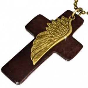 Šperky eshop - Náhrdelník - hnedý kožený kríž, krídlo, armádna retiazka S40.12