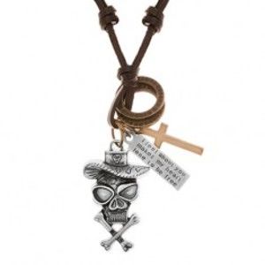 Šperky eshop - Náhrdelník - šnúrka z umelej kože, lebka v klobúku, kríž, známka, obruče Y40.17