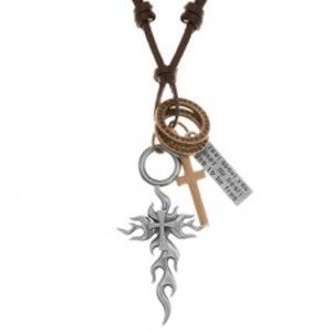 Šperky eshop - Náhrdelník - šnúrka z umelej kože, veľký a malý kríž, známka, obruče Y42.16